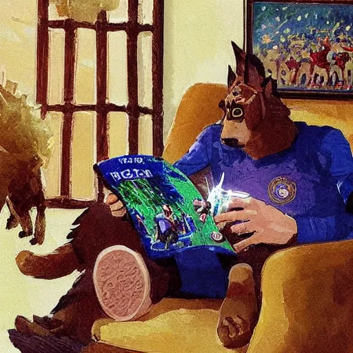 Image similar to a humanoid german shepherd beast - man, sitting and watching a soccer match in his house on television, he has hurt his knee and is a dad, by erin hanson, alexi zaitsev, karl spitzweg, award winning, tv set