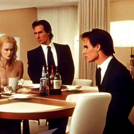 Prompt: Nicole Kidman, Tom Cruise, Johnny Depp, Anne Hathaway, Emmanuel Macron in American Psycho (1999)