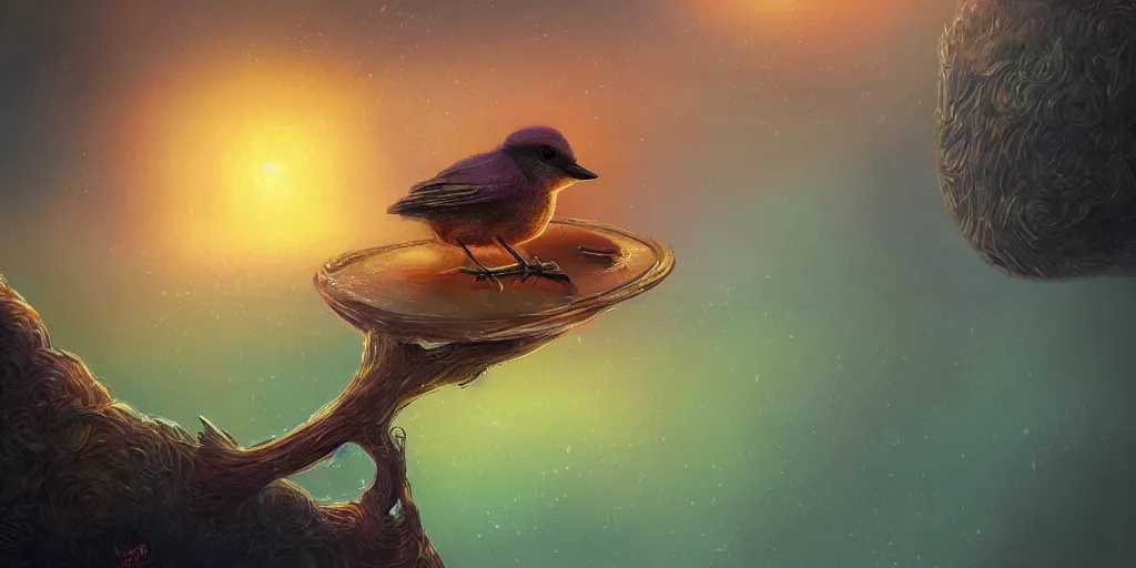 Image similar to baby bird, sunrise, pot of gold, rainbow, sci-fi, fantasy, intricate, very very beautiful, elegant, highly detailed, digital painting, artstation, concept art, smooth, sharp focus, illustration