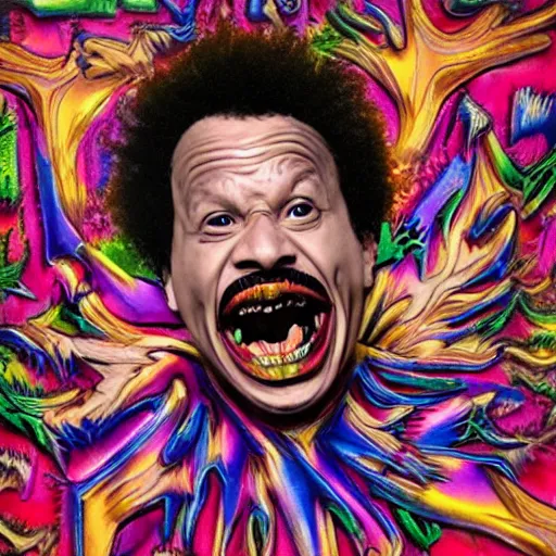 Prompt: eric andre screaming with sharp teeth that are all kinds of generated feelings giger and lisa frank, detailed, ornate,