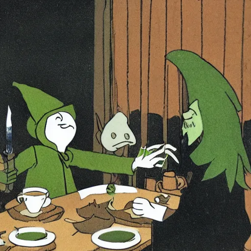 Prompt: count orlok having tea with snufkin and the moomins