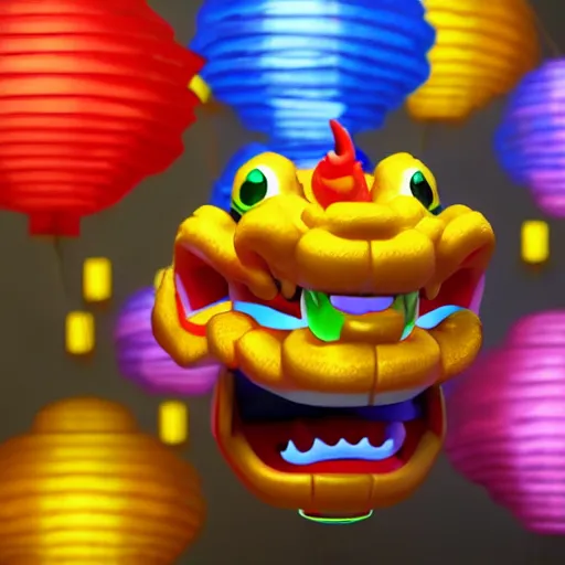 Prompt: cute baby chinese dragon surrounded by lanterns, colorful detailed photo realistic 3d pixar render 4k, trending on artstation