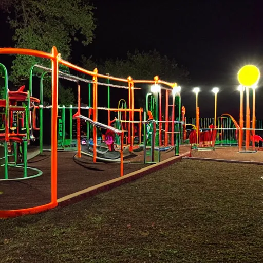 Image similar to a playground at night with only one orange light, creepy, found footage