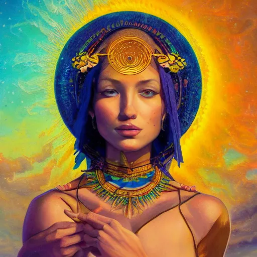 Prompt: a portrait oil painting of a singular beautiful female godess of summer with colorful sun power, holy geometry, tarot card style, by Mohrbacher and Moebius, cinematic lighting, masterpiece, golden ratio background, highly detailed, 8k resolution, trending on art station