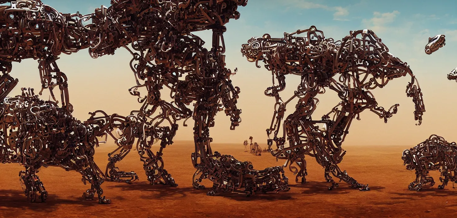 Prompt: highly mechanical animals roaming the desert, CGSociety digital art, naive art