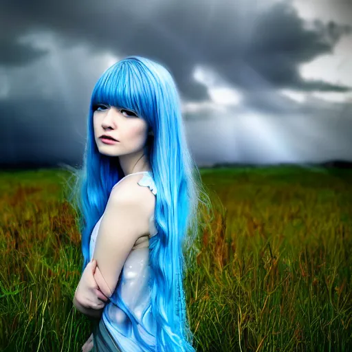 Prompt: a beautiful young girl with a long light blue hair, bangs, pale skin, wearing red formal attire, standing heroically beneath swirling clouds, highly detailed, 8 k, professional portrait, low - angle shot, shot from behind blades of grass, rain droplets frozen in time, god rays, sun beams, dark theme, style of junji ito