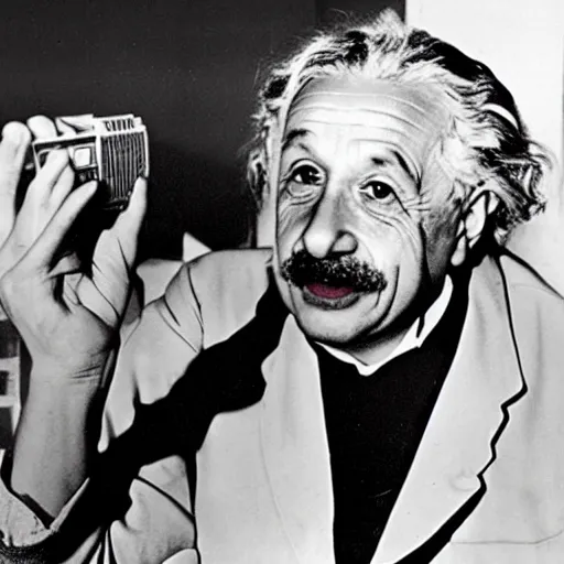 Image similar to 1940s photograph of Albert einstein trying to calculate why the banana is curved