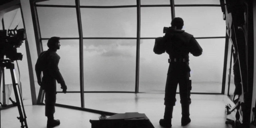 Prompt: a still from a film of a naval officer standing, back turned, in front of a large window with a live action Star Wars space battle, 35mm, directed by George Lucas, miniatures, ILM