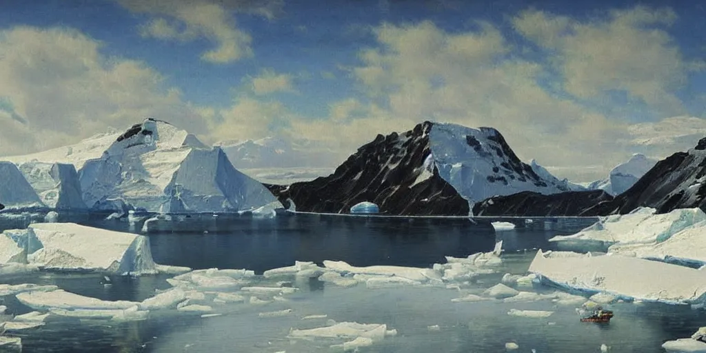 Prompt: Antarctica, oil painting, highly detailed, artwork, in style of Albert bierstadt