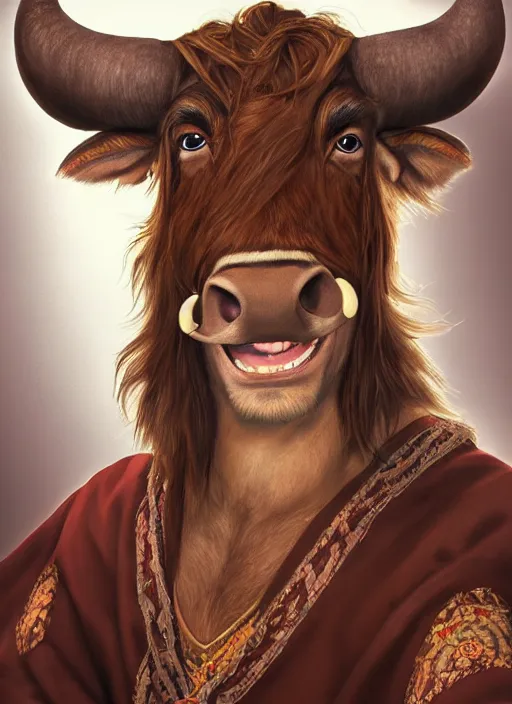 Image similar to a brown haired young tauren with stubble, short hair, wearing brown robes, smiling, close up, portrait style, wisdom, photographic print, artgerm, hyper - realistic