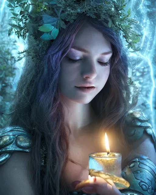 Image similar to portrait high definition photograph cute girl holding a candle fantasy character art, hyper realistic, pretty face, hyperrealism, iridescence water elemental, snake skin armor forest dryad, woody foliage, 8 k dop dof hdr fantasy character art, by aleski briclot and alexander'hollllow'fedosav and laura zalenga