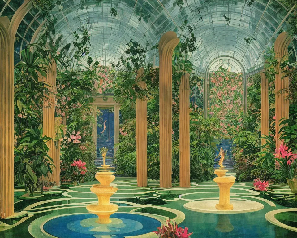 Prompt: an achingly beautiful print of the interior of a glass-walled Art Deco botanic garden, featuring flowing sculptured fountains, tropical flowers, and classical antiquities by Raphael, Hopper, and Rene Magritte. detailed, romantic, enchanting, trending on artstation.