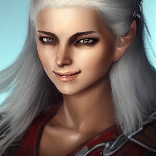 Image similar to fantasy portrait of a female human adventurer with white skin, white hair, white eyes without pupils, slightly - pointed ears, short wavy hair, eyebrow scar, trending on artstation, gentle smile, friendly, glowing, 4 5 angle, warm and welcoming