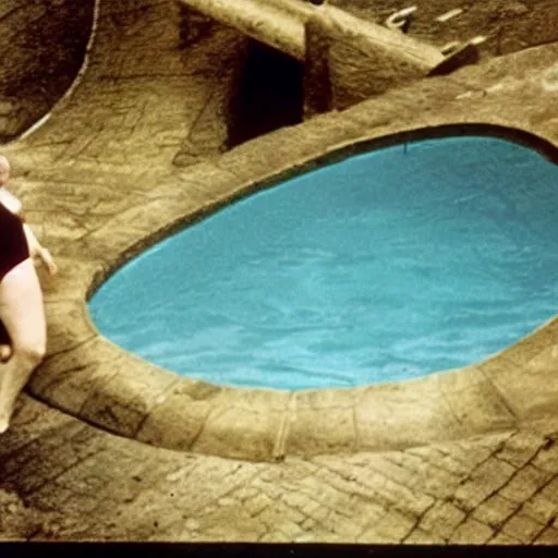Prompt: photo of baron harkonnen swimming in a pool with the bene gesserit