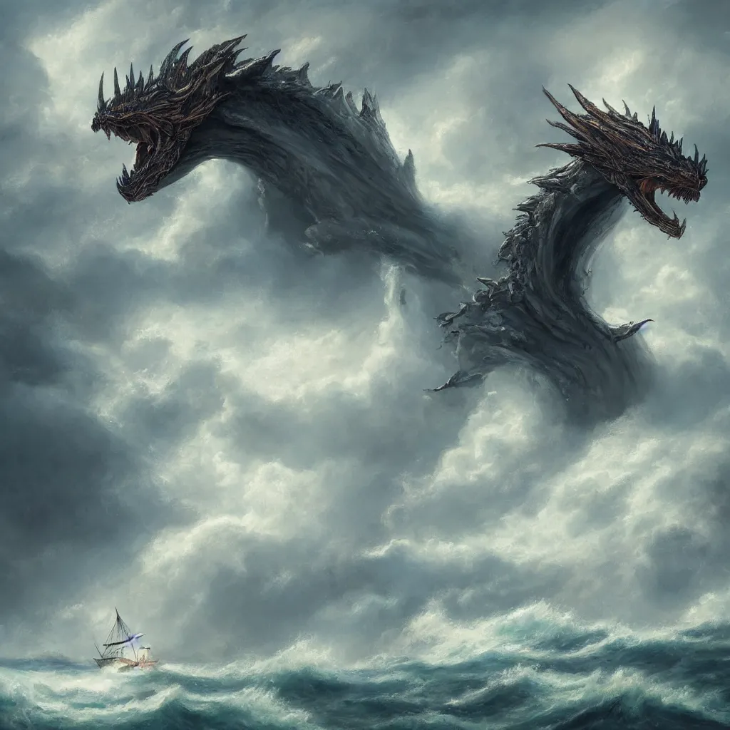 Prompt: a fantasy book style portrait of a giant dragon, stormy sea, giant waves, lightning, small boat, oil painting, 4 k