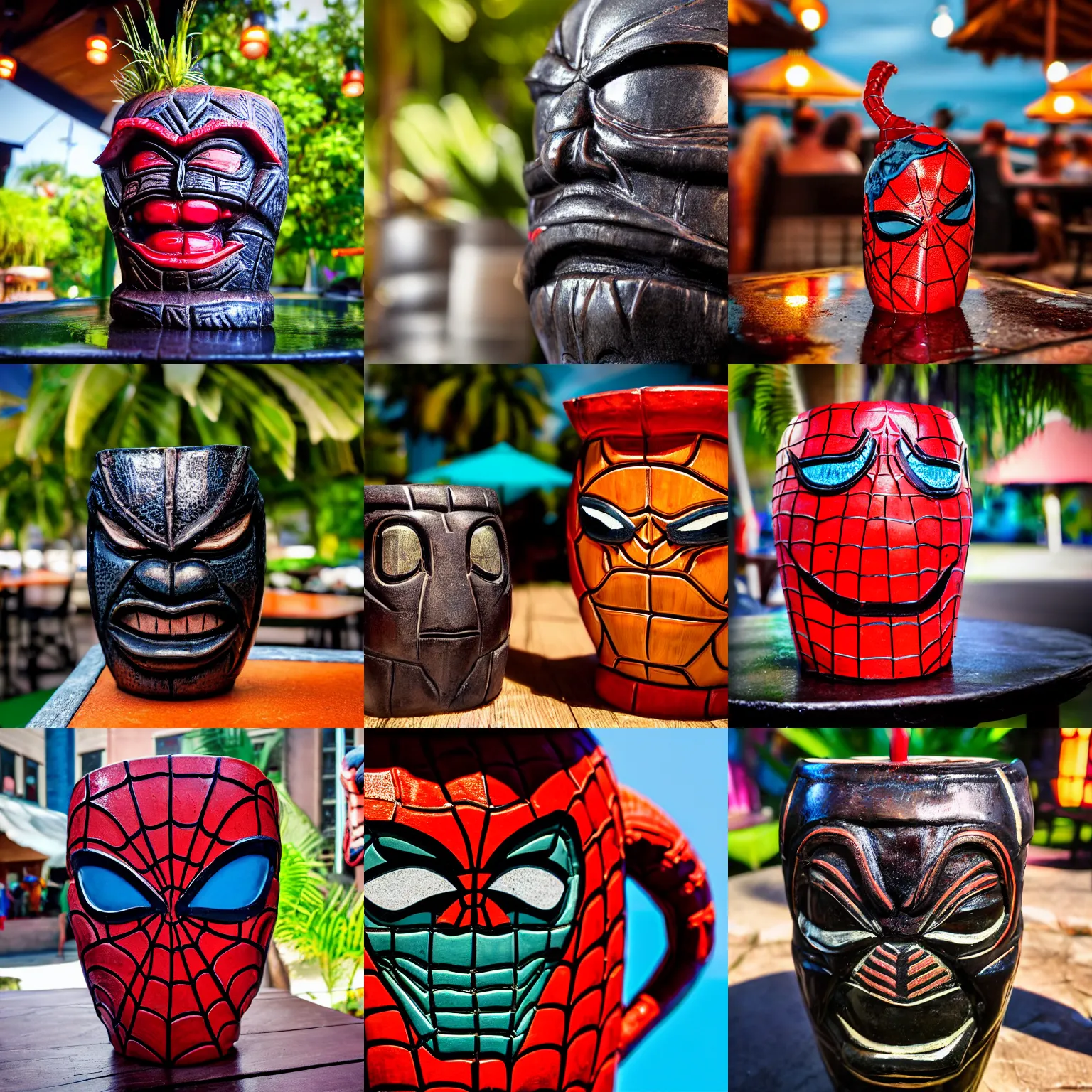 Image similar to a closeup photorealistic capture of glossy spider man style tiki mug at an outdoor trader vic's bar featuring the face of spider man. tiki theme. bright scene. fine detail. this 4 k hd image is trending on artstation, featured on behance, well - rendered, extra crisp, features intricate detail, epic composition and the style of unreal engine.