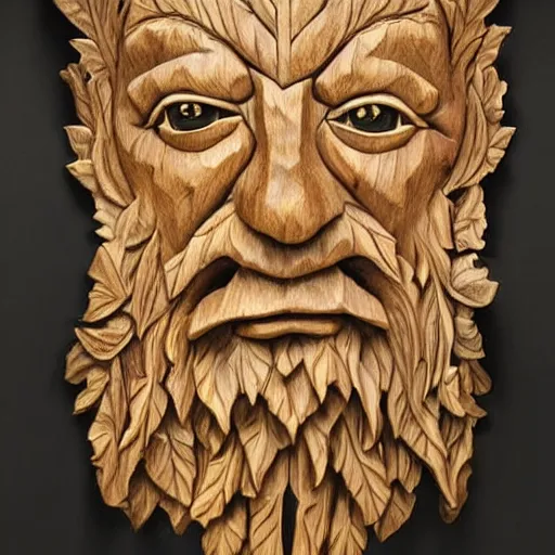 Prompt: highly detailed wood carving depicting the face of the green man, as if made of cannabis leaves