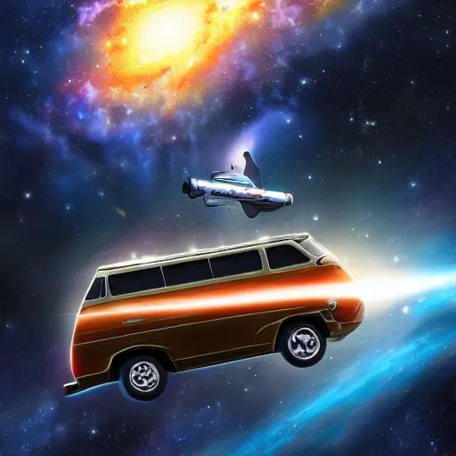 Image similar to a photorealistic concept art painting of a space van flying in front of a nebula, metal, hyper realistic, trending on artstation