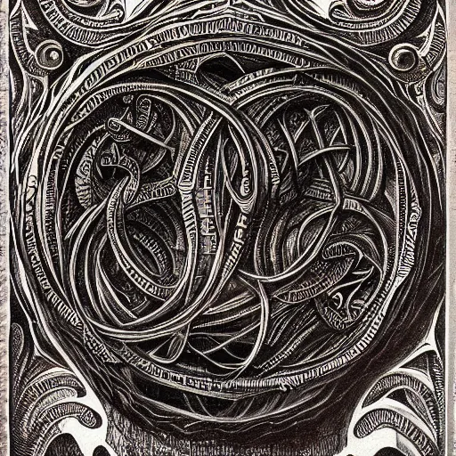 Prompt: an old book with an intricate design on it, a detailed painting by h. p. lovecraft, deviantart, gothic art, lovecraftian, apocalypse art, fractalism