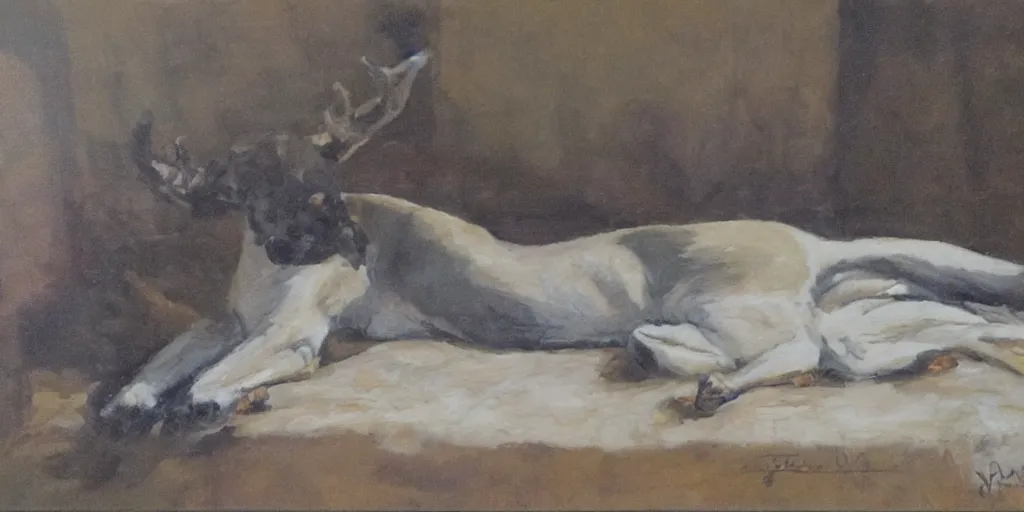 Prompt: buck laying on a cot, jack paluh, oil painting