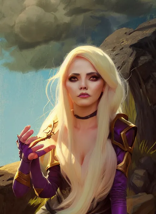 Prompt: portrait of mage Syndra from League of Legends practicing wild magic, countryside, calm, fantasy character portrait, dynamic pose, above view, sunny day, thunder clouds in the sky, artwork by Jeremy Lipkin and Giuseppe Dangelico Pino and Michael Garmash and Rob Rey and Jean Giraud, very coherent asymmetrical artwork, sharp edges, perfect face, simple form, 100mm