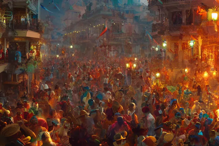 Image similar to carnaval de barranquilla colombia, thorough details, intricate, artstation, atmosphere, highly detailed, craig mullins, james jean, digital painting, deviantart, cinematic lighting, 4 k