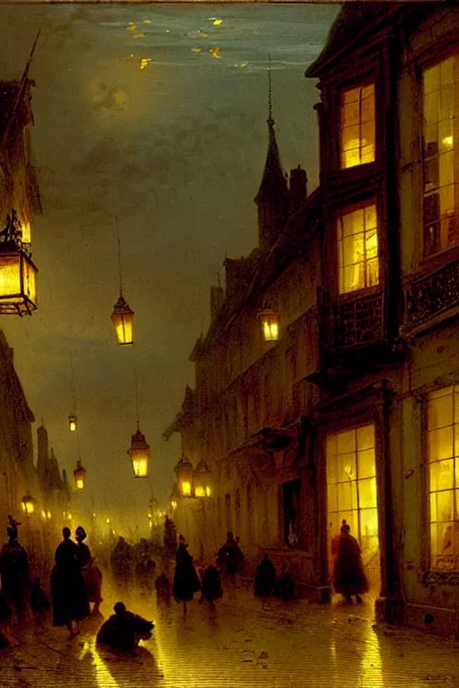 Image similar to detailed painting of a street of saint malo after a bombing, lanterns glowing, dusk, filigree ornaments, andreas achenbach