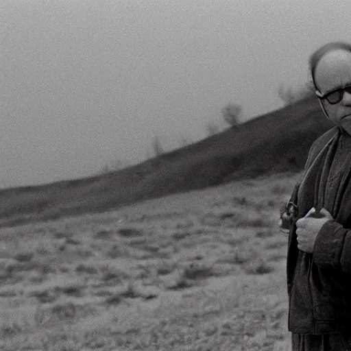 Image similar to george costanza in a barren wasteland, shot by andrei tarkovsky in his film stalker