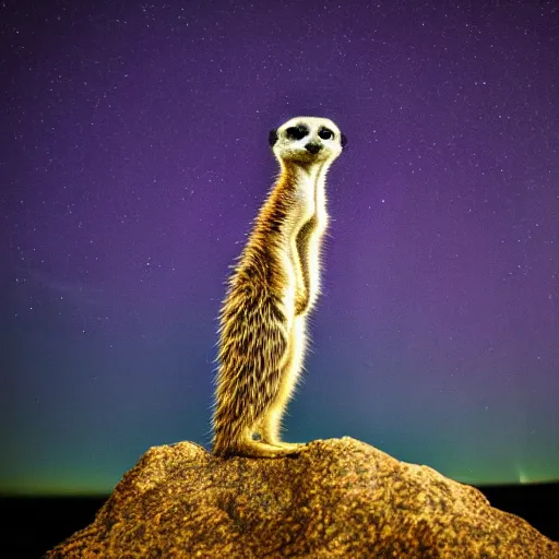 Prompt: An Award winning national geographic nature photo, from behind of a meerkat standing on a hill, looking at a Purple Auroras Borealis. 4K, ultra HD.