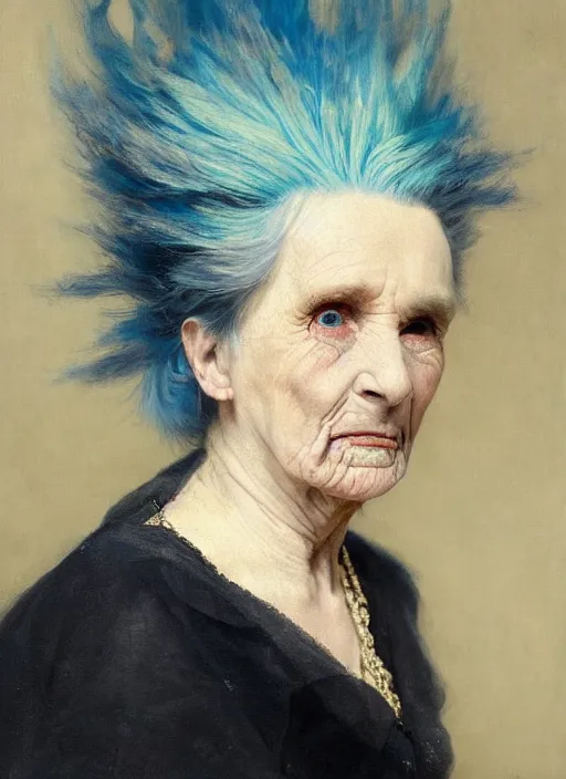 Image similar to a detailed portrait of old woman with a extravagant mohawk by edouard bisson, blue hair, punk rock, oil painting, muted colours, soft lighting