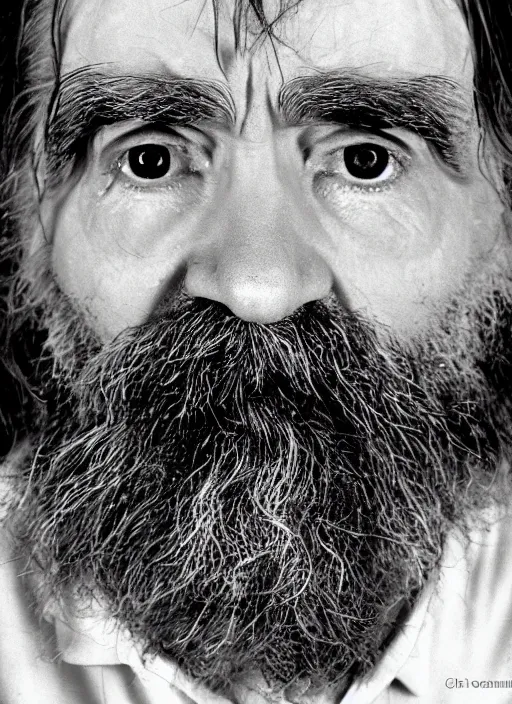 Prompt: close up high contrast portrait with 8 5 mm lens depicting charles manson as a muppet, by alex grey