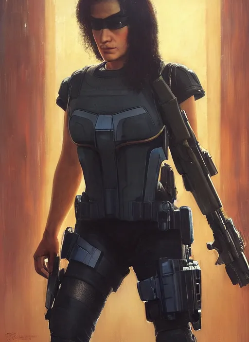 Image similar to Sgt. Maria Hernandez. cyberpunk female USN marine wearing a military vest and powerful military cyberpunk exo-suit (cyberpunk 2077, bladerunner 2049). gorgeous face. Iranian orientalist portrait by john william waterhouse and Edwin Longsden Long and Theodore Ralli and Nasreddine Dinet, oil on canvas. Cinematic, hyper realism, realistic proportions, dramatic lighting, high detail 4k