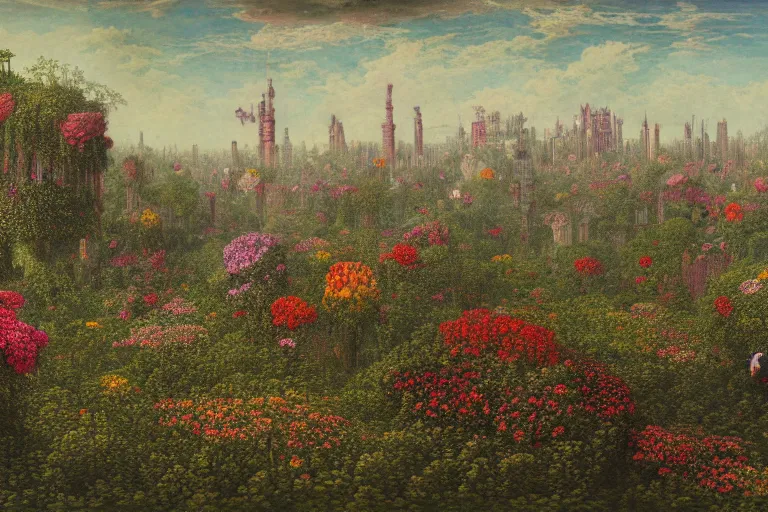 Prompt: planetary scale city now overgrown with flowers in the style of gustave dore, but with color