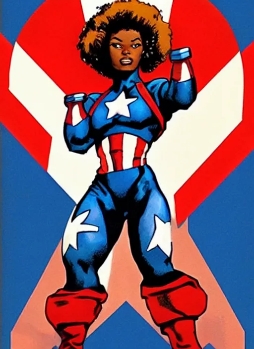 Image similar to beautiful black female captain america. afro - feminist captain america wins wwii. american wwii propaganda poster by james gurney, rob liefeld and pixar. gorgeous face. overwatch, realistic. black power