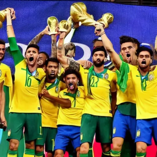 Prompt: 2022 world cup being won by Brazil, realistic, beautiful, many people, comemorations