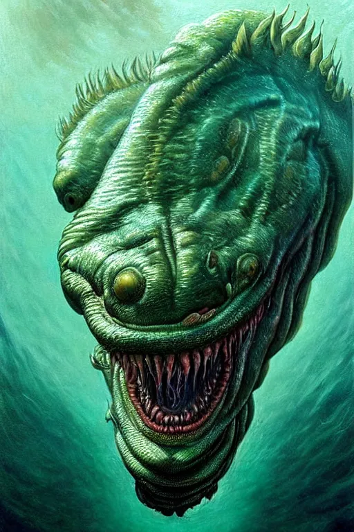 Image similar to hyperrealistic close-up surrealism underwater chimera monster!!! highly detailed concept art eric zener elson peter cinematic hard green lighting high angle hd 8k sharp shallow depth of field, inspired by David Paul Cronenberg and Zdzisław Beksiński