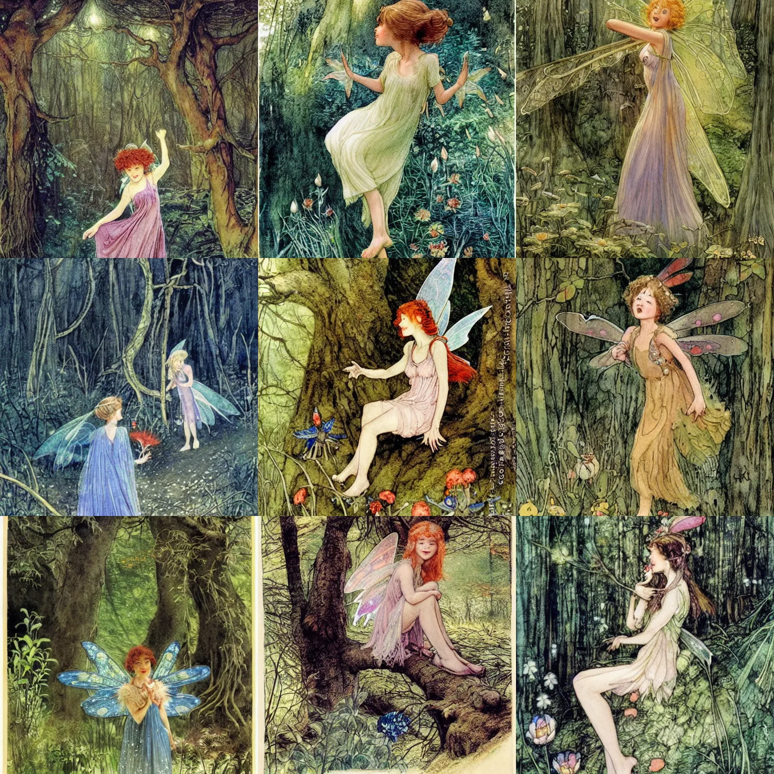 Prompt: a cheerful, optimistic fairy ( looks similiar hollday granger!! ) in the forrest. dim light, magical, detailed, chinese watercolor, fairy tale illustration by henry meynell rheam, ida rentoul outhwaite, alan lee, florence harrison, bob eggleton, studio gibli and donato giancola