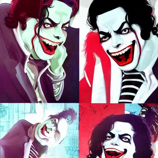 Prompt: michael jackson as the joker laugh on camera. symmetrical anatomy, hyperdetailed, coloured comic, baroque, pop punk art style, fantasy, without duplication, art by ilya kuvshinov and vinicius gud and gustavo zambelli, intricate, trending artstation, dribble popular.