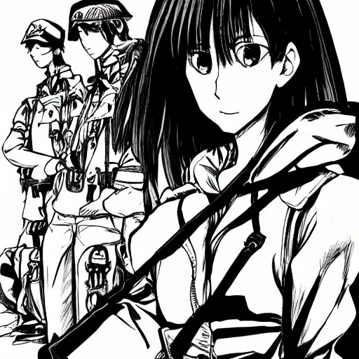 Image similar to manga style, black and white, thin line art, portrait of girl, shoulder eyes, trench and sandbags in background, soldier clothing, military gear, short hair, hair down, symmetrical facial features, round face, 4 k, detailed drawing, by kohei horikoshi, hiromu arakawa, alphonse mucha, greg rutkowski