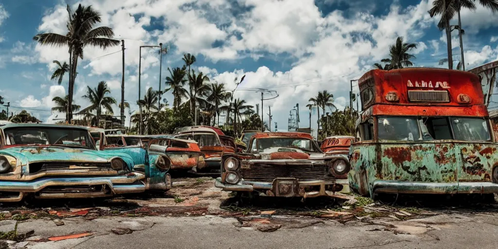 Image similar to low wide angle shot of dilapidated fallout 5 miami, tropical coastal city, desolate, dilapidated neon signs, few rusted retro futuristic vintage parked vehicles like cars, buses, trucks, trams, sunny weather, few clouds, volumetric lighting, photorealistic, daytime, spring, sharp focus, ultra detailed, 4 0 0 0 k