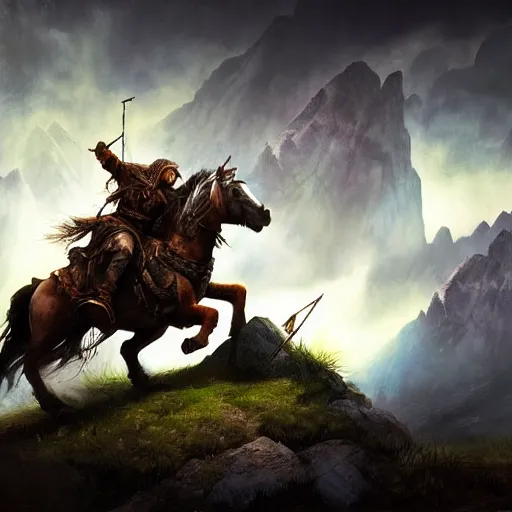 Prompt: A dwarf riding a dark and uncanny horse in the mountains, ambient lighting, highly detailed, mystic, rpg artwork