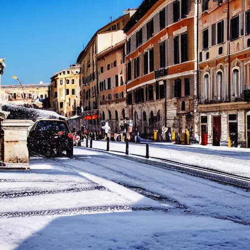 Image similar to The city of Rome under the snow on August. It's snowing everywhere on the entire cityscape of Rome under a blue sky and a very hot sun. It's crazy hot with red hot flames and fire everywhere but also very big snowflakes. People walk wearing swimsuits, tee shirts and shirt dresses and are very puzzled.