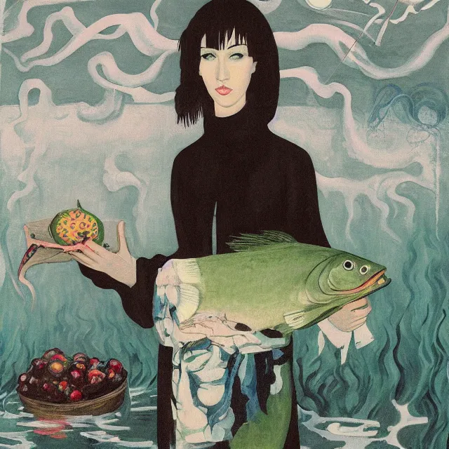 Image similar to tall emo female artist holding a large fish in her flooded kitchen, pomegranates, octopus, water gushing from ceiling, painting of flood waters inside an artist's apartment, a river flooding indoors, ikebana, zen, rapids, waterfall, black swans, canoe, berries, acrylic on canvas, surrealist, by magritte and monet