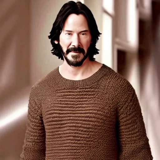 Image similar to a hand knit wool sweater with an keanu reeves face pattern