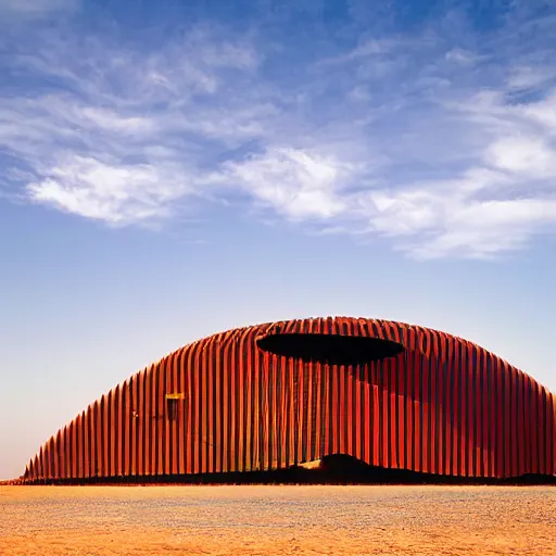 Image similar to architectural photograph by iwan baan of a cheerful recreational building in the shape of a monitor lizard in the middle of the desert, colorful desert architecture designed by norman foster