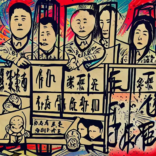 Prompt: uyghurs behind bars, in the style of daniel johnston and outsider art, 4k, overlaid with chinese text