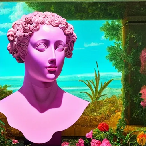 Image similar to award winning masterpiece with incredible details, a surreal gigantic marble bust vaporwave vaporwave vaporwave vaporwave vaporwave painting by Thomas Cole of an old pink mannequin head with flowers growing out, sinking underwater, highly detailed, reality is an illusion