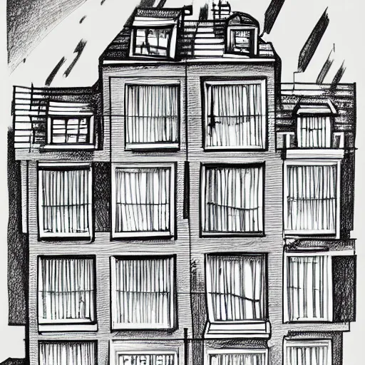 Prompt: a drawing of a house with a lot of windows, illustration by dr seuss, behance contest winner, hypermodernism, photoillustration, 1 9 9 0 s, concept art