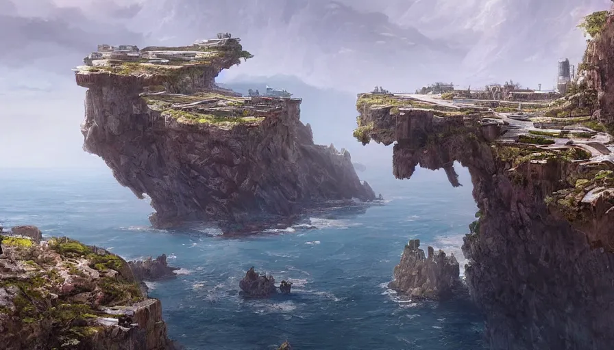 Prompt: imperial base perched on a cliff overlooking a magnificient bay, by james gurney, greg rutkowski, highly detailed digital art, artstation, greig fraser