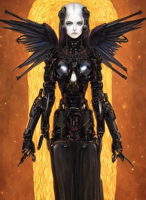 Prompt: portrait of cute beautiful young goth angel cyborg maiden, cyberpunk, Warhammer 40000, gothic, highly detailed, artstation, illustration, art by Gustav Klimt and Range Murata